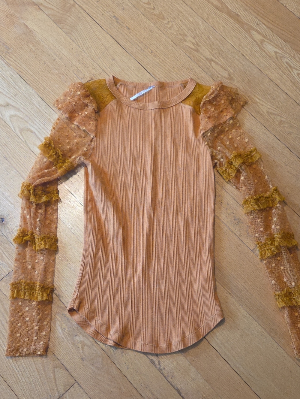 Free People Women’s Ribbed Top With Ruffled Sleeves — Marigold
